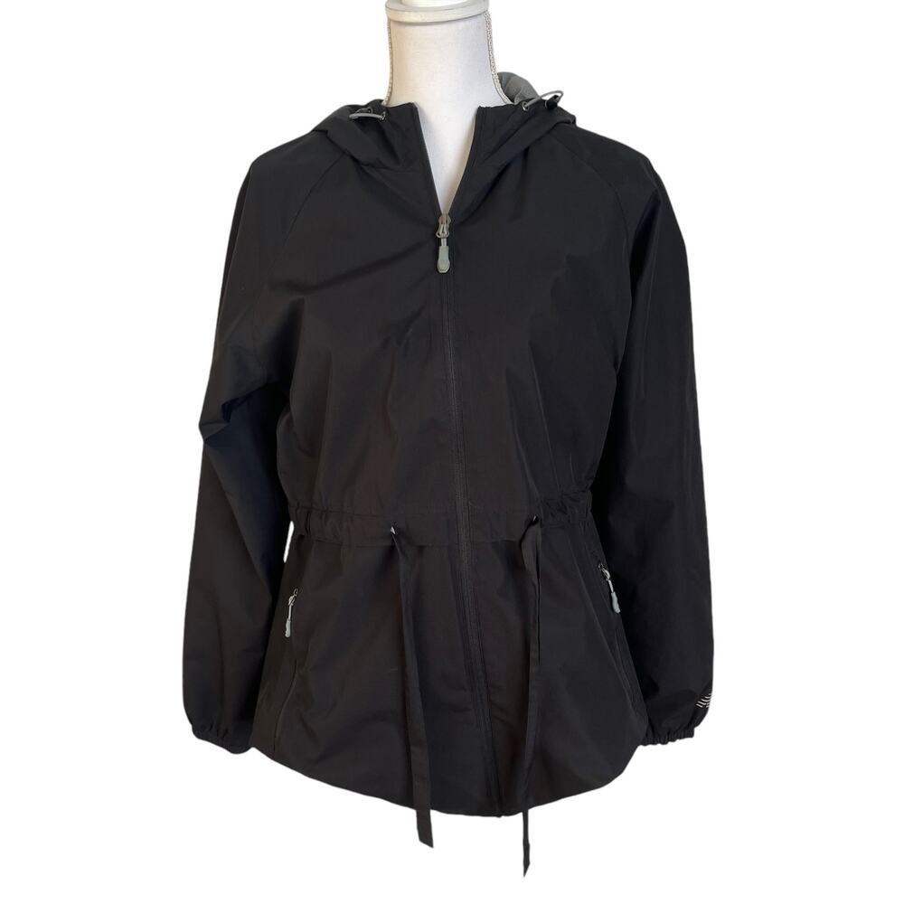 New Balance Women's Jacket Size Large Black Drawstring Waist Long Lined Zip Hood
